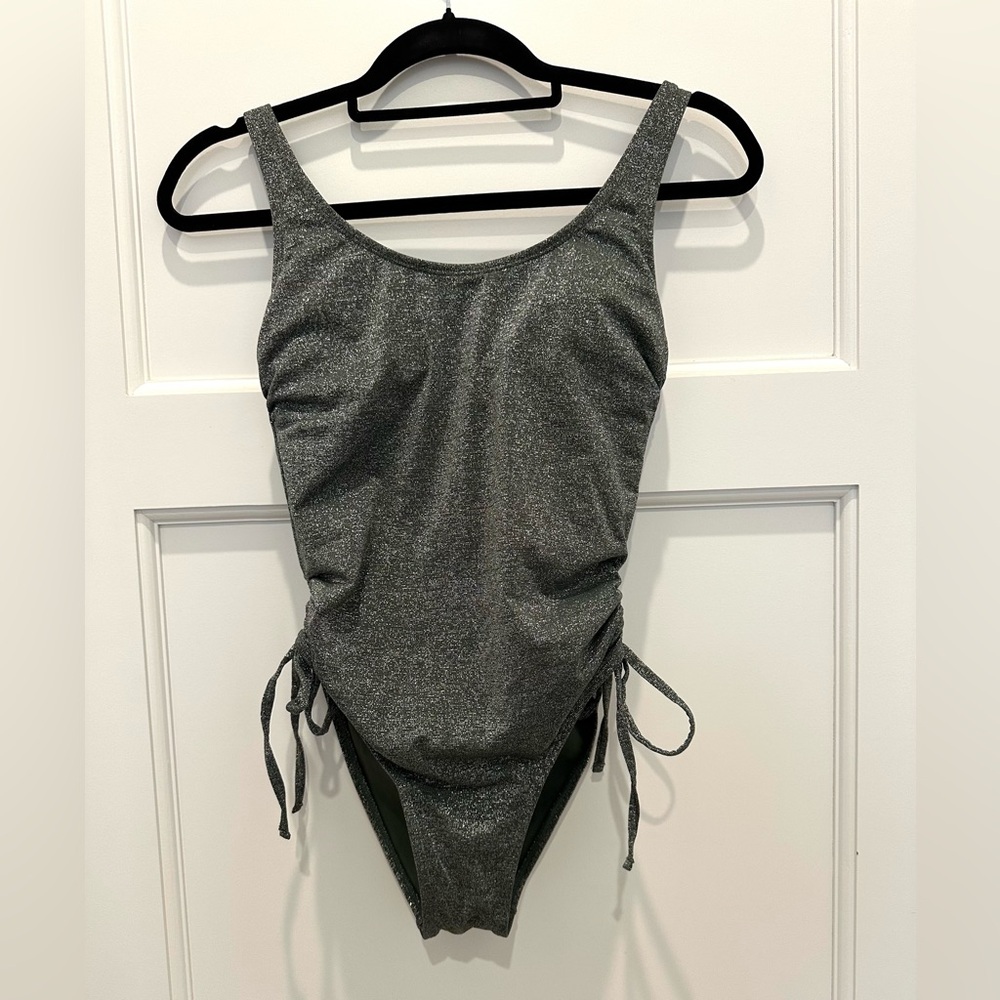Xhilaration Metallic Side-Cinch One Piece Swimsuit Green Small